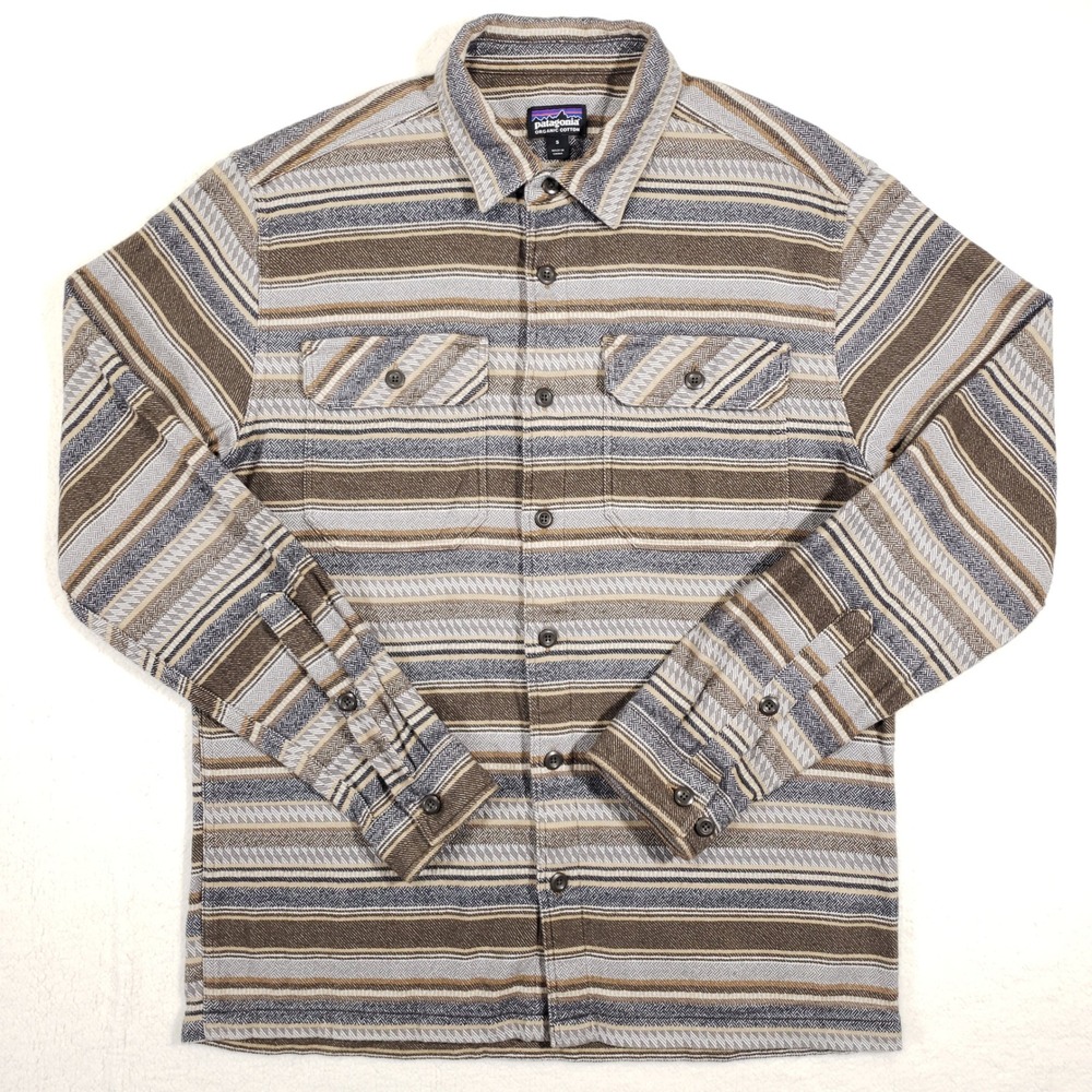 Patagonia Fjord Flannel Button Up Mens Small‎ Brown Grey Striped Organic Cotton